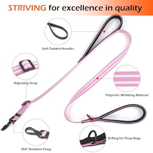 Double Handle Dog Leash for Large Dogs, Heavy Duty Adjustable Leash with Soft Padded Handles, Traffic Control Training Lead for Walking, Running (Purple & White Stripe, 4 ft) - Image 2