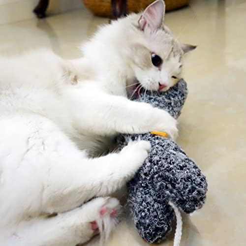 TTcat 14.6 Inch Large Curly Plush Pillow Cat Kicker Toy with Catnip Silvervine Powder, Soft Stuffed Cat Chew Toy with Tail, Interactive Toy for Indoor Cats and Kittens(Grey). - Image 4