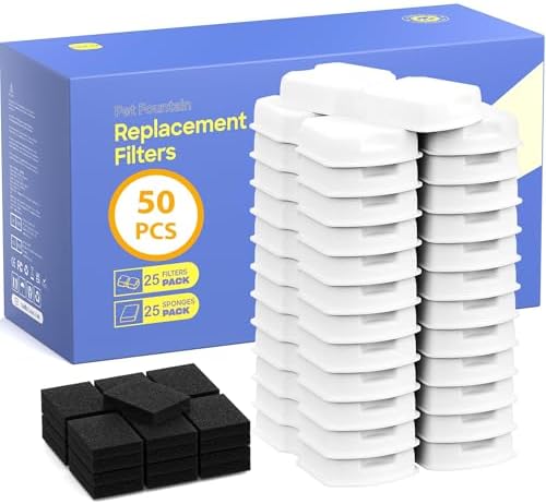 GIOTOHUN Pet Fountain Filter Replacement: 50 Cat Water Fountain Filter - 50 Pet Water Fountains Filters - 25 Filters & 25 Sponges - Suitable for ATMZIQXR GIOTOHUN KOOGMOON UMOCUOY IHOUONE HOOISE by GIOTOHUNPetLife