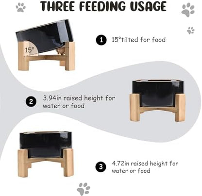 SPUNKYJUNKY 15° Slanted Ceramic Dog and Cat Bowl with Wooden Stand, Tilted Bulldog Food and Water Bowl No Slip Non-Spill for Cats Medium Dogs Big Face Pets 28.7 OZ (3.6 Cups, Starry Blue) - Image 2