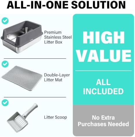 Stainless Steel Litter Box, XL Metal Litter Box with High Sides Lid, Extra Large Cat Litter Boxes for Big Cats, Anti-Urine Leakage, Never Absorbs Odors, Easy Cleaning, Non-Stick, Include Scoop and Mat - Image 3