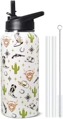 32oz Western Stainless Insulated Aater Water Bottle with Straw,Western Cow Skull Gym Hiking Sports Coffee Mug Cup Water Bottles,Western Cow Skull Cowboy Copper Cowgirl Decor Stuff Accessories by Unknown