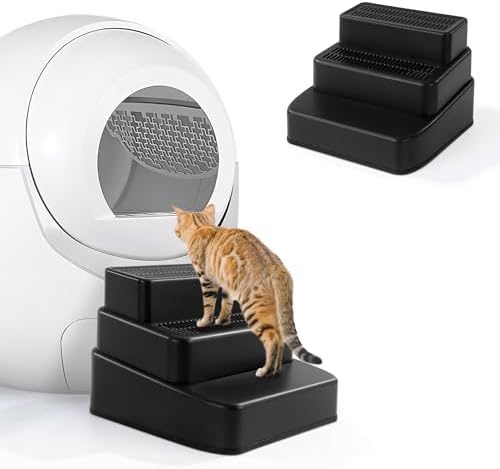 BALAPET Adjustable 3 Steps Litter Box Ramp with Filter Function, Detachable Litter Trapper, Non-Slip Cat Litter Stair for Small & Elderly Cats(Black) by BALAPET
