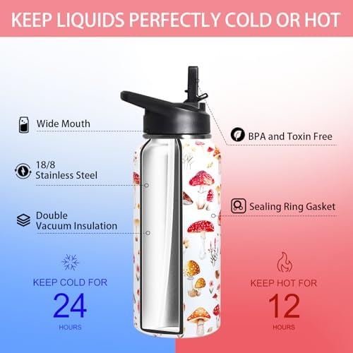 32oz Mushroom Stainless Insulated Aater Water Bottle with Straw,Mushroom Gym Hiking Sports Coffee Mug Cup Water Bottles,Mushroom Themed Gifts for Women,Mushroom Decor Stuff Accessories - Image 4