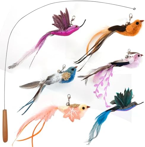 miwoowim 35" Steel Wire Cat Wand Toy & 6PCS Realistic Feather Bird Refills by miwooim