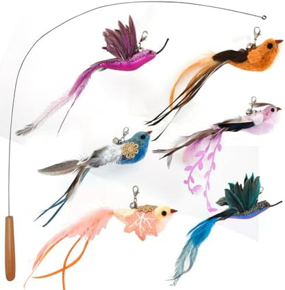 miwoowim 35" Steel Wire Cat Wand Toy & 6PCS Realistic Feather Bird Refills by miwooim