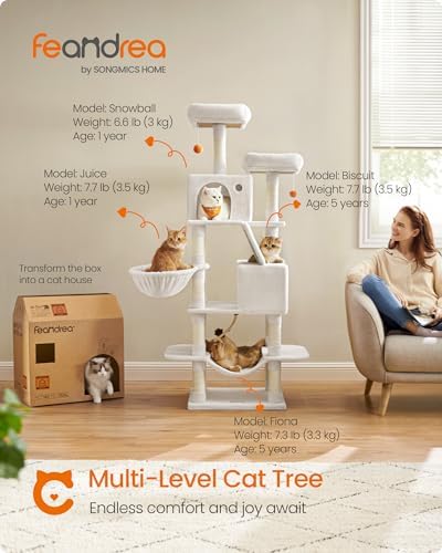 Feandrea Cat Tree, 66.1-in Large Cat Tower, Multi-Level Condo, Cream White - Image 2