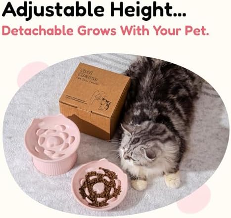 2 Pack Unbreakable Raised Slow Feeder Bowl for Cats and Small Dogs, Elevated Cat Bowls, Detachable Slow Feede Bowl, Heavy Weighted, Non-Slip Feeder, Dry & Wet Food (Pink + White, 6.2'') - Image 4