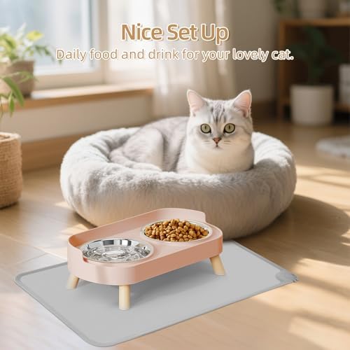 Elevated Cat Bowl with Food Mat, Raised Cat Food and Water Bowl Set for Indoor Cats, Splash Proof with 2 Stainless Steel Pet Food Bowls for Cats and Puppies,Whisker Fatigue and Dishwasher Safe (Pink) - Image 7