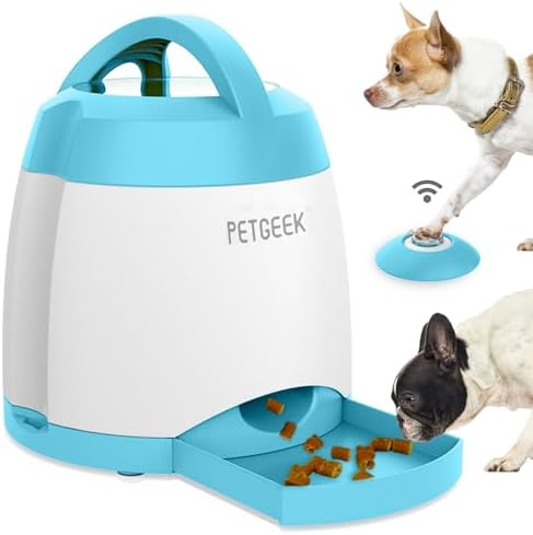 PETGEEK Dog Treat Dispenser with Button, Automatic Dog Feeder with Remote Control and Dual Power Supply, Dogs Puzzle Toys and Interactive Pet Stimulation Toys for Indoor/Outdoor Play (Blue) by PETGEEK