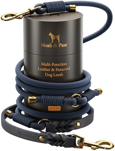 NOAH & PAW Hands Free Dog Leash, Oil-Waxed Leather & Heavy-Duty Paracord, 8 ft, Long Dog Leash with 6 Ways to Use (Ideal for Cats, Small, Medium & Large Dogs) Matching Collar Available. (Dark Blue) by NoahPaw