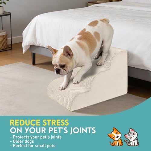 Dog Stairs for Small Dogs, Pet Stairs Steps Ramp for Puppy, Older Cat, Stairs with Whole High Density Foam, Corduroy Fabric, Non-Slip Bottom Dog Steps for Bed and Couch (Beige, 3-Step (H: 15.7IN)) - Image 4
