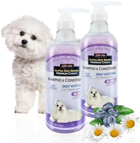 Bright White Natural Whitening Dog Shampoo and Conditioner for Dogs with Aloe Vera, pH Balanced Dog Shampoo and Conditioner Set, Tear-Free for Sensitive Skin 26.4 Oz (Pack of 2) by AlphaDogSeries