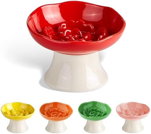 Ceramic Slow Feeder Bowl for Cats and Small Dogs, Elevated Tilted Pet Food Dish, Whisker Friendly Anti-Vomit Design, Heavy Stable Base, Dishwasher Safe， 5 Colors Options (Ruby Red) by Trundisan