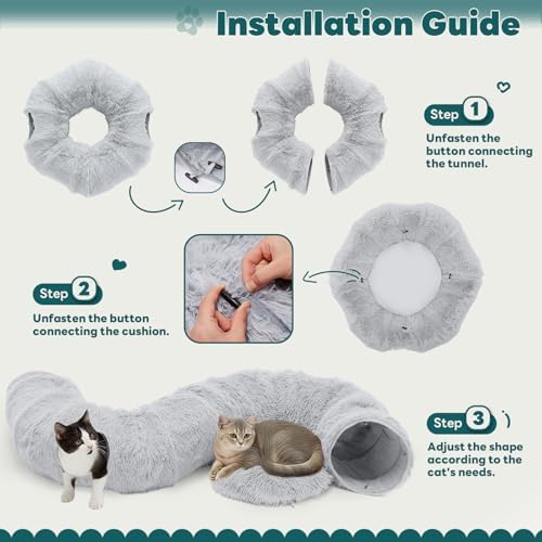 DUMOS Cat Tunnel Bed for Indoor Cats, Cave Donut Play Tunnel, Silver - Image 6