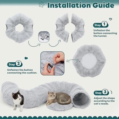 DUMOS Cat Tunnel Bed for Indoor Cats, Cave Donut Play Tunnel, Silver - Image 6
