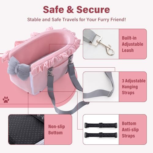 Jaoul Dog Car Seat for Small Dogs - Fully Detachable with Adjustable Straps Center Console Dog Car Seat - Comfortable Bow Design Pet Seats - Portable Pet Booster for Puppy, Cat (Pink Gray) - Image 2