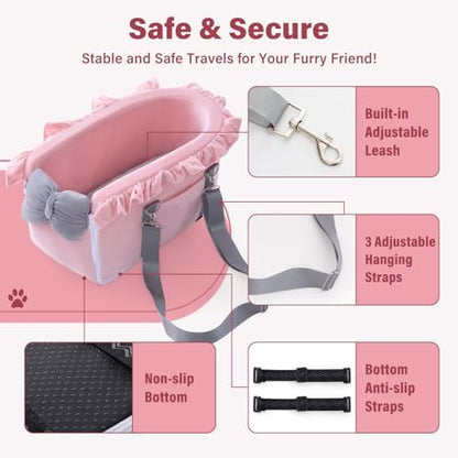 Jaoul Dog Car Seat for Small Dogs - Fully Detachable with Adjustable Straps Center Console Dog Car Seat - Comfortable Bow Design Pet Seats - Portable Pet Booster for Puppy, Cat (Pink Gray) - Image 2