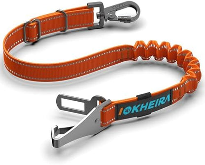 Dog Seat Belt 3-in-1 Car Harness for Dogs Adjustable Safety Seatbelt for Car Nylon Reflective Bungee Fabric Dog Car Harness with Clip Hook Latch & Buckle, Swivel Zinc Alloy Carabiner (Orange) by IOKHEIRA