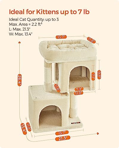 Feandrea Cat Tree, 26.4-Inch Small Cat Tower, Cute Plush Condo, Beige - Image 6