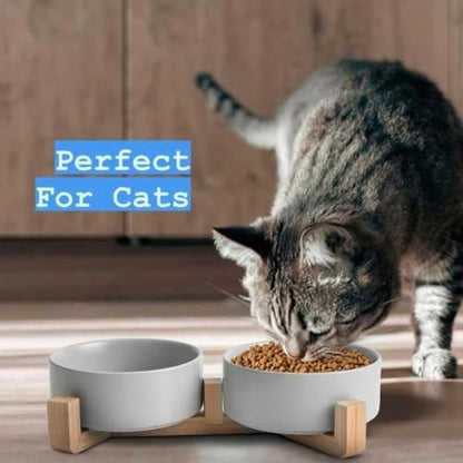 Ceramic Cat and Small Dog Bowl Set – Modern Indoor Small Size Pet Food and Water Bowls with Wood Stand – Non Slip Puppy Sized Feeding Station with Double Dishes (Gray) - Image 6