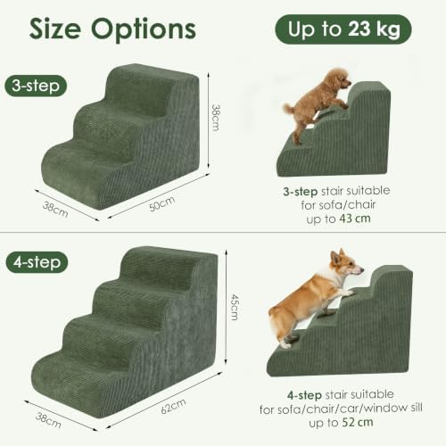 Dog Stairs, 15" H 3 Steps Dog Ramp for Couch Bed Non-Slip Pet Stairs for Cats Puppy Senior Injured Dogs, High-Density Foam Up to 50 Lbs, Washable Cover, Green - Image 4