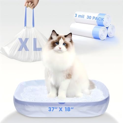 30 Pack Jumbo Cat Litter Bags - 3MIL Extra Thick Leakproof Litter Box Liners, 37"x18" Heavy Duty Drawstring Cat Litter Liners for Automatic Litter Box, Odor Control Disposable Kitty Litter Bags 3 Roll by Fronip