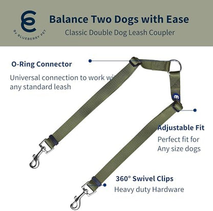 Blueberry Pet Essentials Durable Classic Double Dog Leash Coupler, Military Green, Medium/Large, Dual Walking & Training Leashes for Two Dogs - Image 2