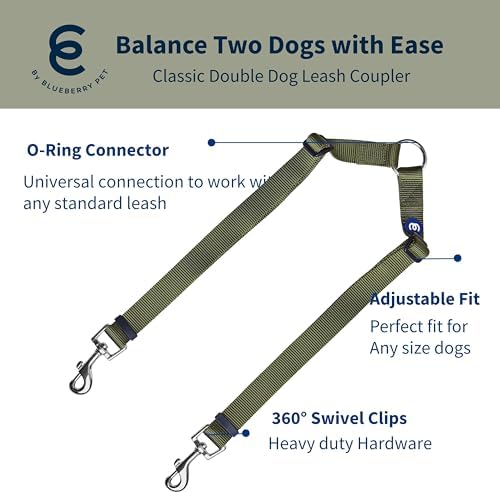 Blueberry Pet Essentials Durable Classic Double Dog Leash Coupler, Military Green, Small, Dual Walking & Training Leashes for Two Dogs - Image 2