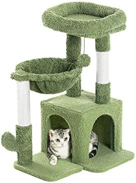 Pesofer Cactus Cat Tree, Small Cat Tower with Sisal Scratching Post and Hammock Green - Image 4