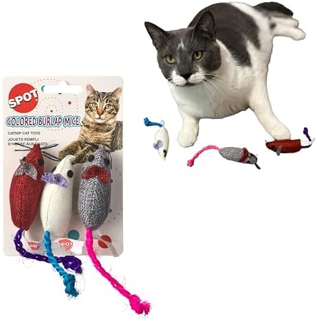 SPOT Burlap Mice Cat Toys, Interactive & Durable Catnip Toys for Indoor Cats & Kittens, Perfect for Hunting & Play, 3-Inch, Assorted Colors, 3 Pieces by SPOT
