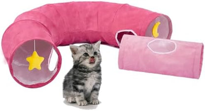 Cat Tunnel, Large Indoor Durable Collapsible Interactive Cat Tube with Peek-A-Boo Hole, Hanging Toys, and Crinkly Paper Lining - Cute Tunnel for Cats, Kittens, Puppies & Rabbits, Pink - Image 2