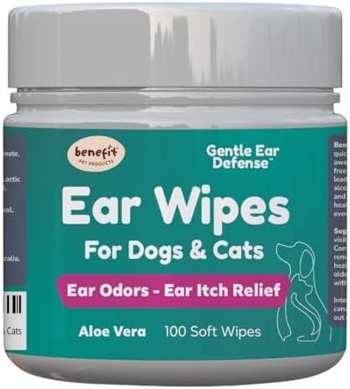 Benefit Pet Products Dog Ear Wipes - Ear Cleaner for Dogs to Prevent Infections, Itching & Odor - Aloe & Eucalyptus, Grooming Wipes - 100 Count by BenefitPetProducts