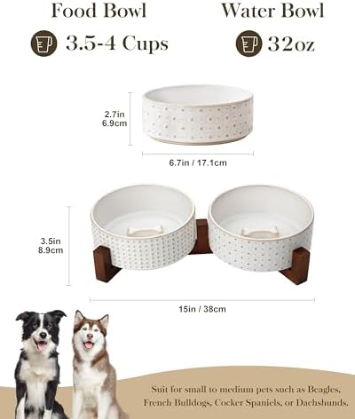MALACASA Dog Bowl Set, Ceramic Bowls with Walnut Wood Stand, 4 Cups - Image 2