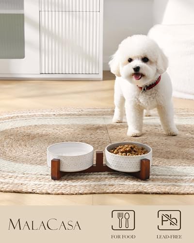 MALACASA Dog Bowl Set, Ceramic Bowls with Walnut Wood Stand, 2 Cups - Image 3