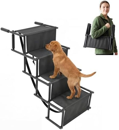 Foldable Dog Ramp for Car, 4-Step Portable Dog Stairs for Large Dogs, Extra Wide Non-Slip Pet Steps for SUV Truck, Supports Up to 150 lbs, Lightweight with Shoulder Strap for Travel & Home by Unknown