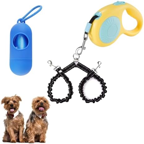 Double Dog Leash for Walking 2 Small Dogs (Up to 33 Lbs Each), Dual Retractable 9.8ft Extendable Strong Nylon Tape Pet Leash with Poop Bags, One-Handed Brake, Pause, Lock (Blue) by FEGCZP