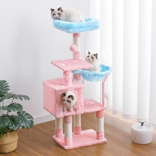 Heybly Cat Tree with Toy, 43.3 inch Cat Tower condo for Indoor Cats, Cat House with Padded Plush Perch, Cozy Hammock and Sisal Scratching Posts, Blue and Pink HCT004SBP - Image 4