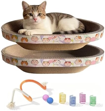 Cat Scratcher Bed with Toys, 2 Pack Oval Cat Scratching Cardboard by Unknown