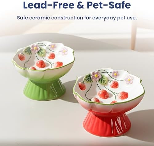 PawsPik Strawberry Blooms Elevated Ceramic Cat Bowl, Red - Image 4