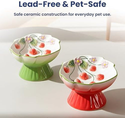 PawsPik Strawberry Blooms Elevated Ceramic Cat Bowl, Red - Image 4
