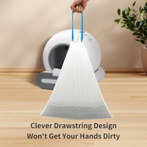 DOEL 60 Count Drawstring Cat Litter Bags for Most Auto Self-Cleaning Litter Box, Cat Litter Box Liners, Replaced Pet Waste Bags, 17.7"x19.7", White Blue (4 Rolls) - Image 6