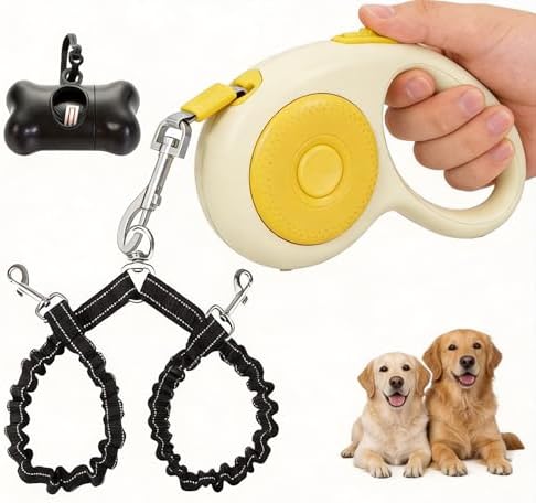 Dual Retractable Dog Leash for 2 Large Dogs (Up to 110 Lbs), One-Button Break and Lock, Non-Slip Grip, Double-Headed, 16 FT Extendable Pet Leash with Poop Bags, 360° Tangle-Free (Yellow, Large) by FEGCZP