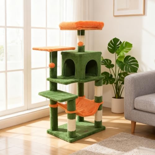 DORTALA Cat Tree for Indoor Cats, 44" Modern Cat Tower with Top Perch, Condo, Hammock, Sisal Scratching Posts, Dangling Balls, Platforms, Multi-level Pet Climbing Furniture Playground (Green & Orange) - Image 2