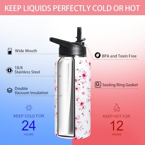 32oz Cherry Blossoms Flip Stainless Insulated Aater Water Bottle with Straw,Pink Cherry Blossoms Floral Gym Hiking Sports Coffee Mug Cup Water Bottles,Cherry Blossoms Decor Stuff Accessories - Image 4