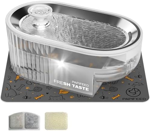 Cat Water Fountain Stainless Steel with a Silicone Mat, 84oz/2.5L Automatic Cat Water Fountain with Water Level Window and LED Light, Quiet Low Power Cat Water Bowl & Cat Water Dispenser(White) by PAPIFEED