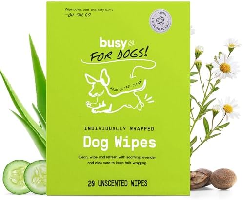 BUSYCO - Hypoallergenic Dog Wipes, Cleaning and Odor Control Grooming Wipes for Paws, Body, and Butt, Perfect for Puppy and Adult Dogs, Individually Wrapped, Unscented (Unscented, 20 Grooming Wipes) by BusyCo