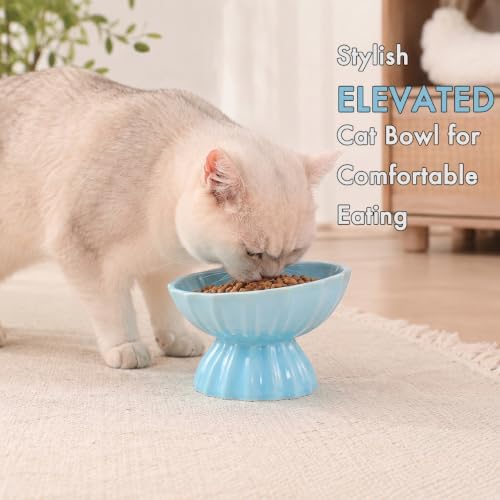 Lotus Ceramic Elevated Cat Bowl, 15° Tilted Raised Cat Dish for Food and Water, 6.1" Extra Wide Whisker-Friendly Shallow Bowl, One-Piece Anti-Vomiting Pet Feeder for Cats and Small Dogs (Blue) - Image 3