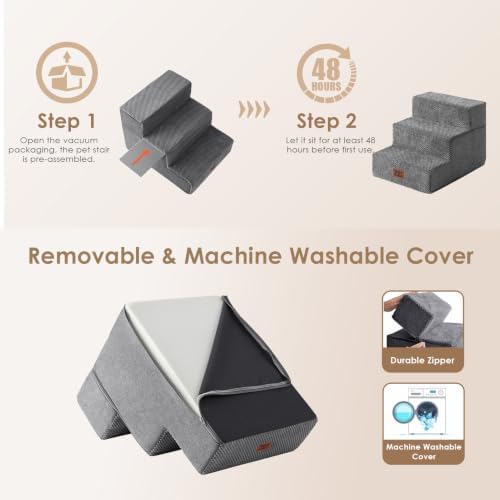 EHEYCIGA Dog Stairs 13.5" H, 3-Step Extra Wide Dog Steps, Grey - Image 6