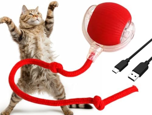 Automatic Cat Ball, RED, LED Lights, Indoors for Active Cats - Rechargeable, Smart Rolling, Speedy Tail/Rope by CareFurEver